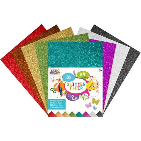 Glitterpapier A4 | 8 verschillende kleuren | 150 gram | Kerstkleuren | Versier je kerstkaart | knutselen voor kinderen